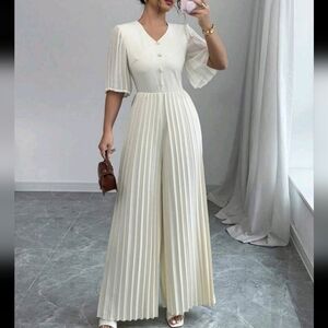 V-Neck Button Pleated Women Elegant Jumpsuit